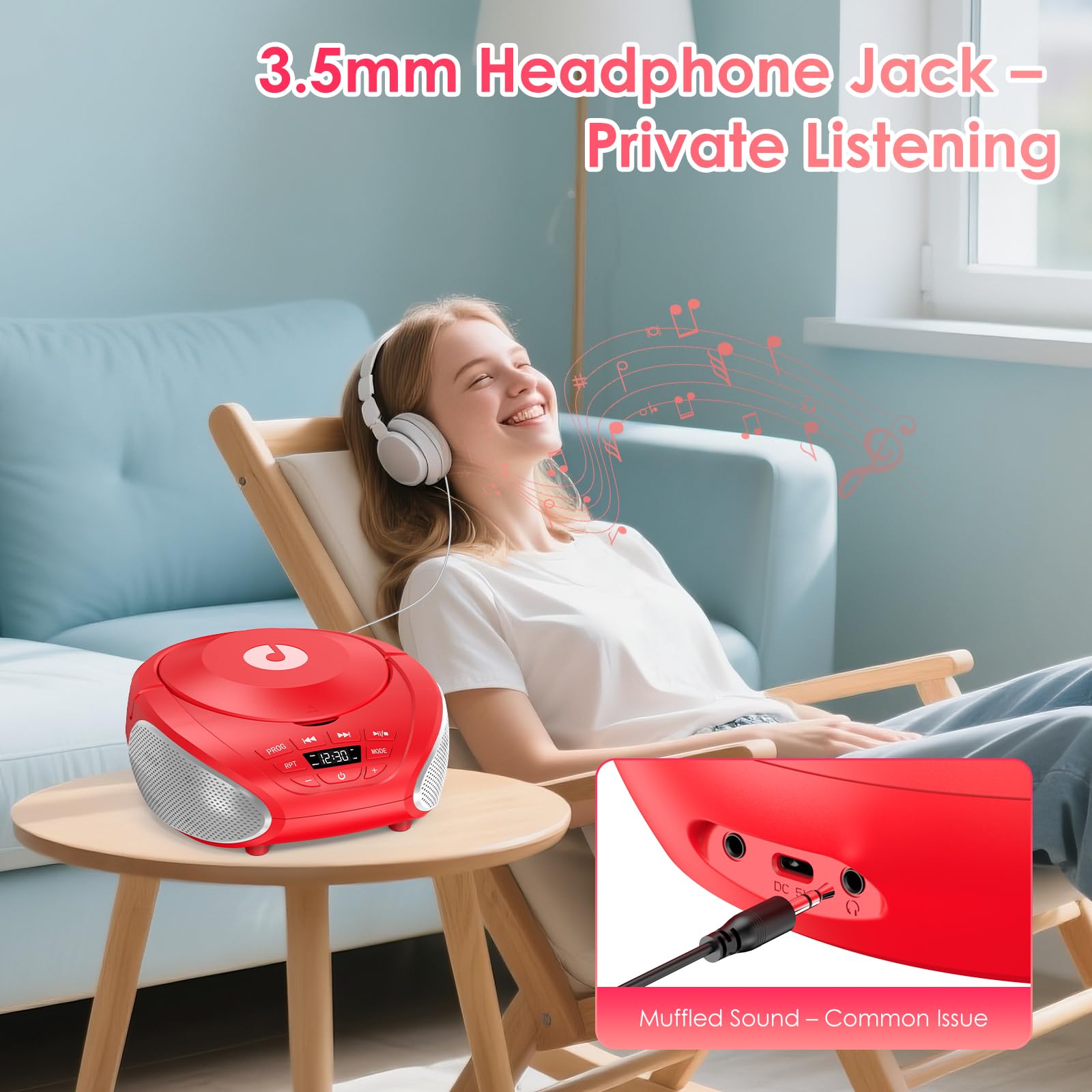 Gueray Tragbarer CD-Player Boombox Kompakt-Radio mit Stereo-Lautsprechern UKW-Radio 3,5-mm-AUX-Eingang, Kopfhöreranschluss und LCD-Display für Innenräume Outdoor Reisen & Hörbücher (Rot)
