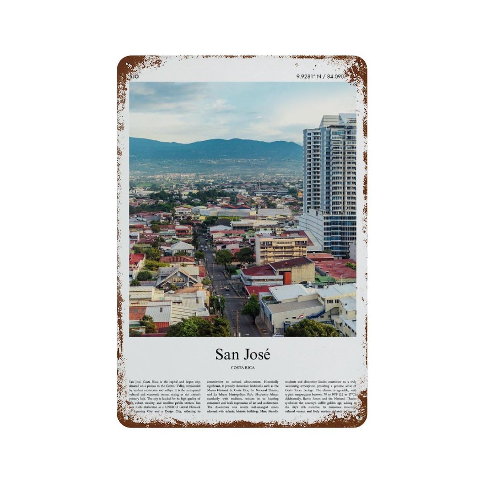 xiaoxiaoshen San José, Costa Rica City Scenery Wall Decor Art Metal Tin Poster Modern Home Decor Art Home Bar Shop Decorations Vintage Sign 30x20cm
