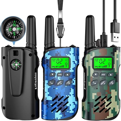Walkie Talkies for Kids Rechargeable, 48 Hours Working Time 2 Way Radio Long Range, Outdoor Camping Games Toy Birthday Xmas Gift for Boys Age 5 6 8-12 3-5 Girls, 3 Pack Camo with Compass