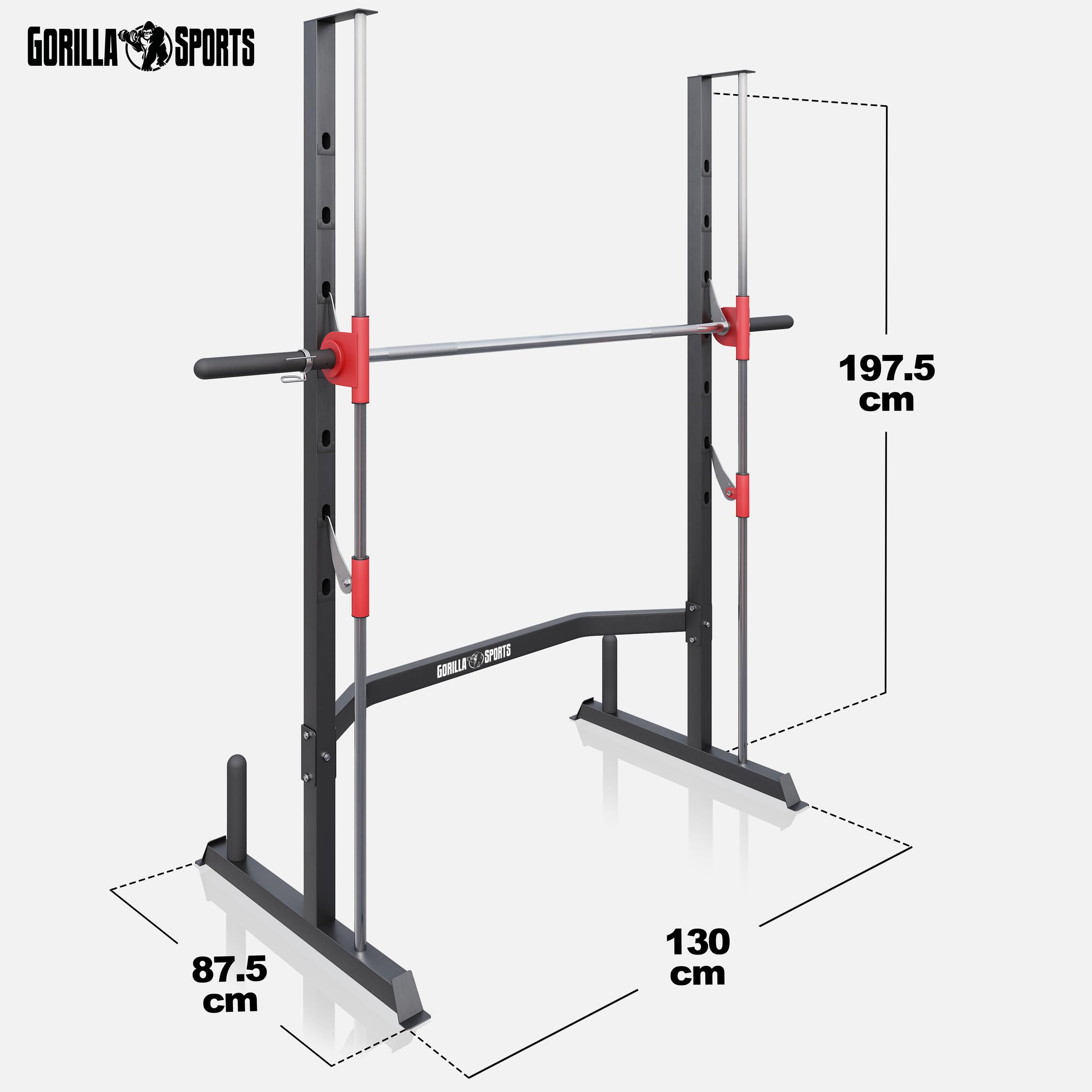 Gorilla Sports® Power Rack - con Bilanciere 25mm, Adattatore da 50mm, Supporto Dischi Pesi, Max. 300 kg, Acciaio - Power Tower, Half Rack, Gabbia Squat, Allenamento, Palestra, Casa, Fitness