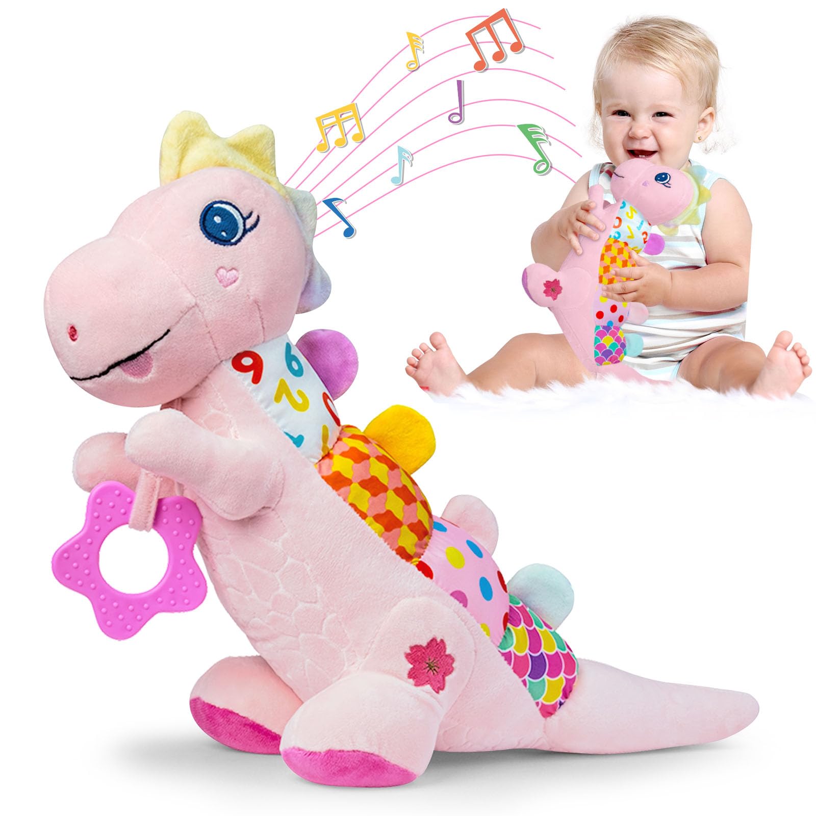 Baby Dino Musical Stuffed Animal Toys for 0-3-6-9-12 Months?Infant Dinosaur Tummy Time Toys with Crinkle Sound Paper?Teether?Textures & Rattles for Newborn Boys Girls Birthday Gifts?Pink