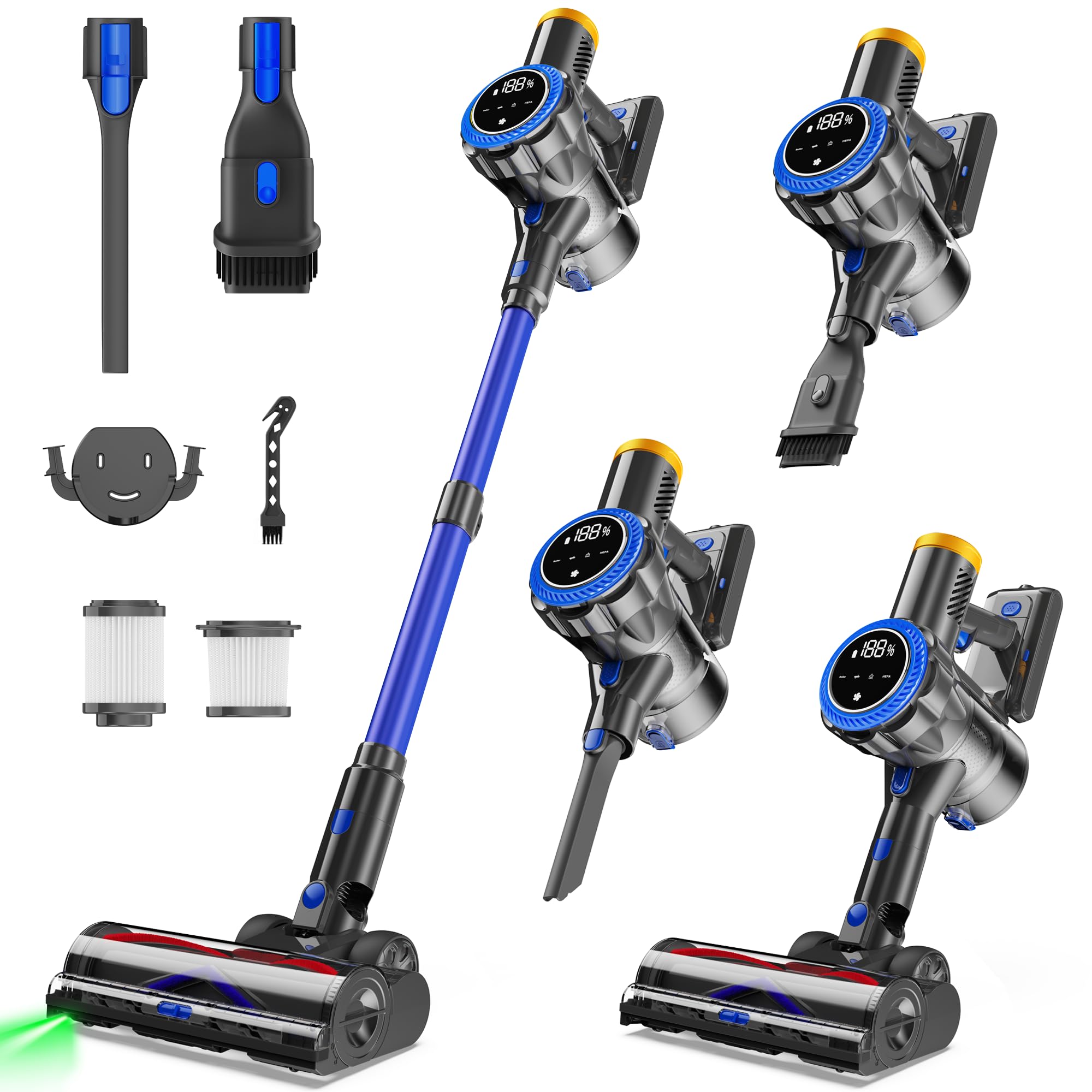 Ginaray Aspirateur Balai sans Fil - 580W Aspirateur Électrique Silencieux Puissant, Aspiration Brosse LED Batterie Rechargeable Cordless Vacuum Cleaner pour Poils d’Animaux Tapis Sols Durs