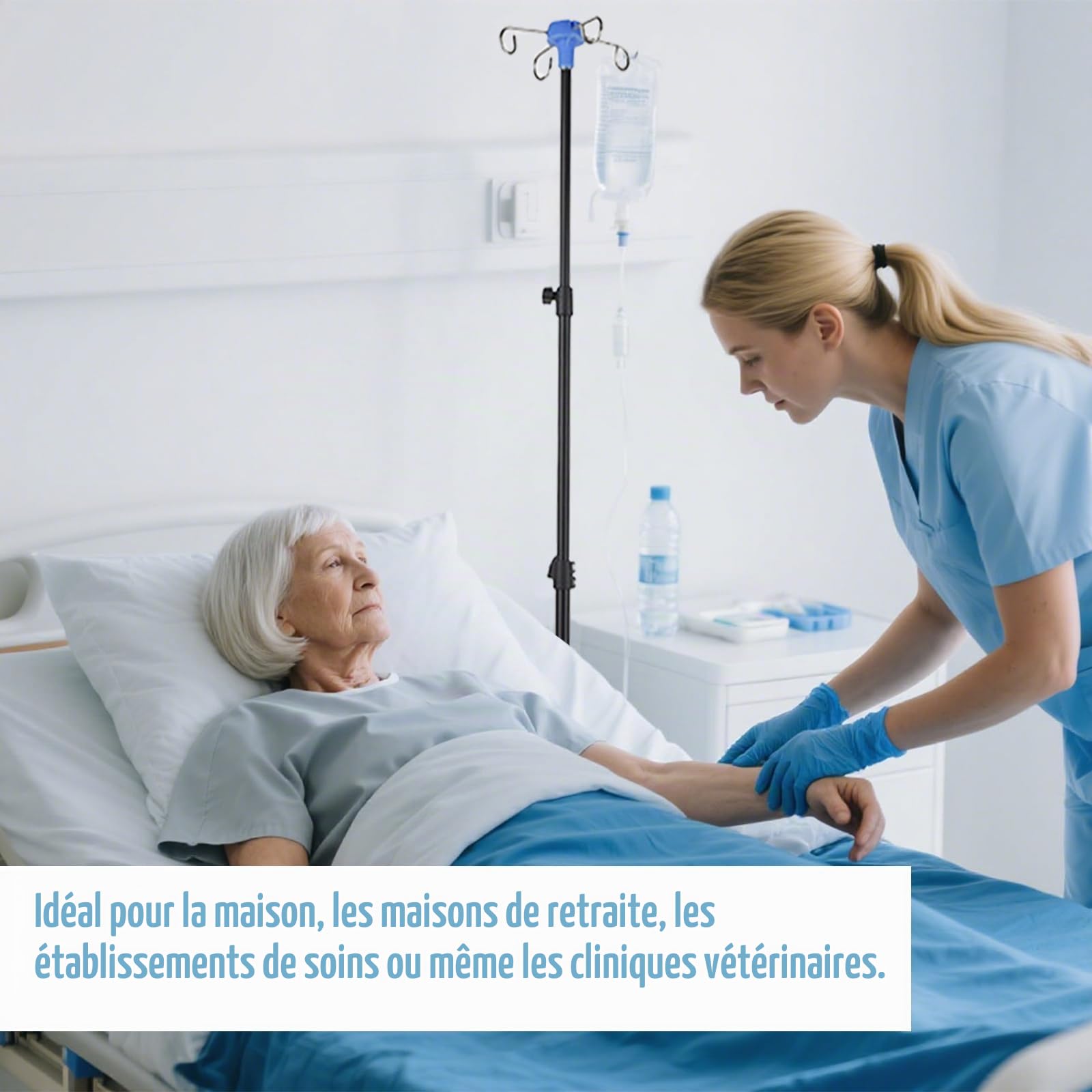 Support de Perche Intraveineuse avec Roues, Pliable Support D'infusion IV avec 4 Crochets, Hauteur Réglable, Télescopique Support de Perfusion pour Hôpital et Soins à Domicile
