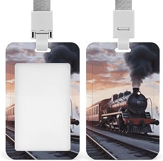 Steam Train Depart Sunset ID Badge Holder Durable ABS Plastic Card Case Protector with Lanyard, Push-Pull Slot, Stylish Lanyard ID Card Holders for Office Corporate Use