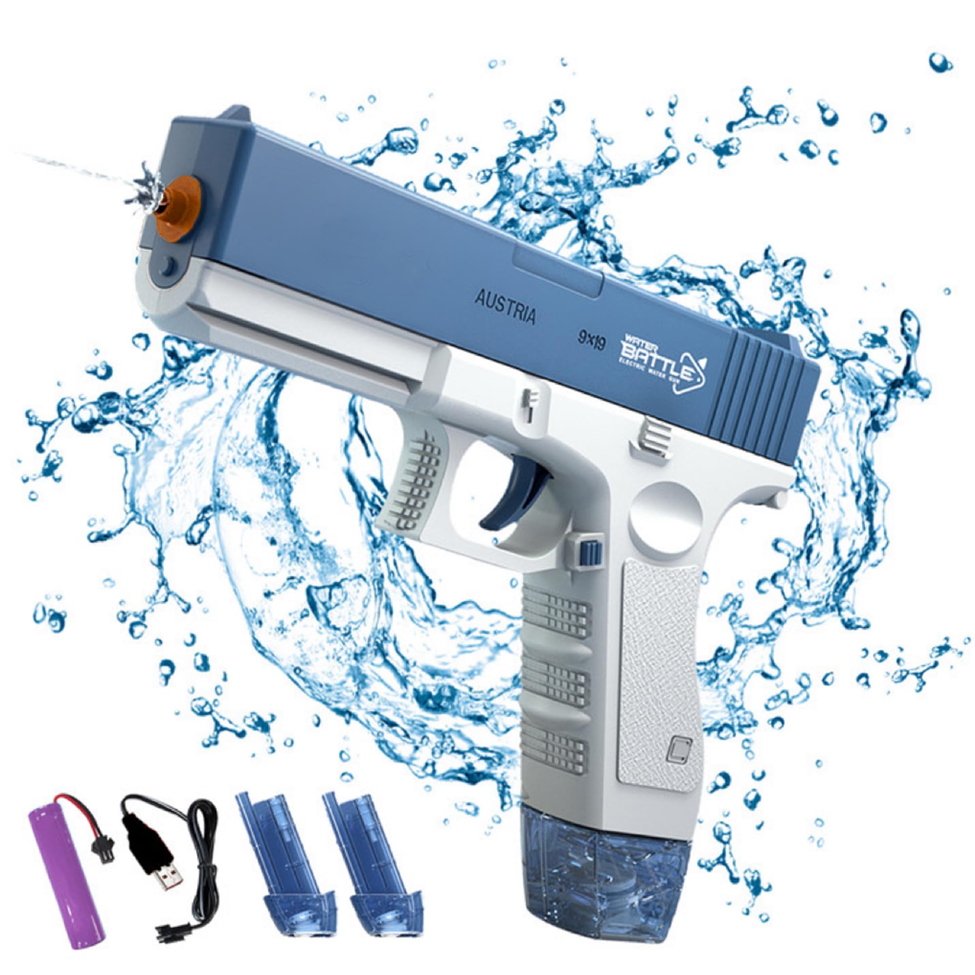 Electric Water Gun, Auto Squirt Gun 2 Water Tank+2 Batteries One Button Squirt Guns Continuous Launch 50min 32 FT Range Strongest Water Guns for Swimming/Pool/Beach//Water War (434CC+58CC)