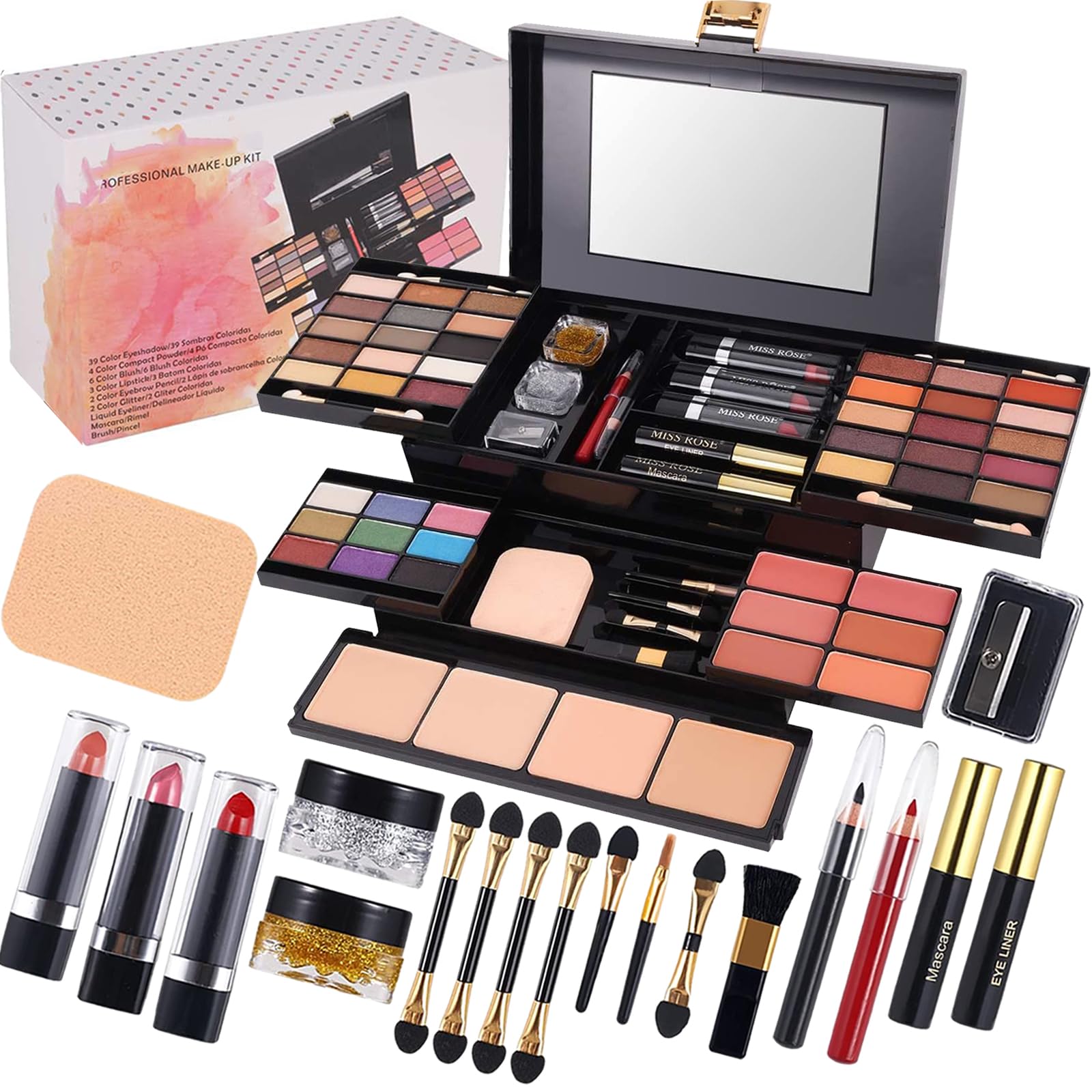 Juego de maquillaje profesional de 58 colores para mujeres, kit completo, juego de maquillaje todo en uno para mujeres y niñas, principiantes, juego de regalo de maquillaje con rubor de sombra de ojos