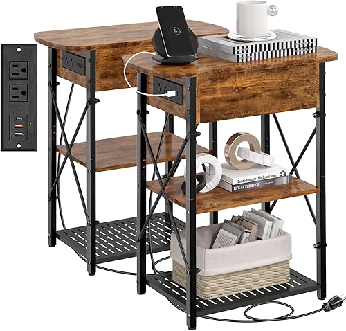 Miniatura 14 de Livofloral Mesa auxiliar estrecha con estación de carga, juego de 2 mesas auxiliares para espacios pequeños, mesa auxiliar abatible con Negro