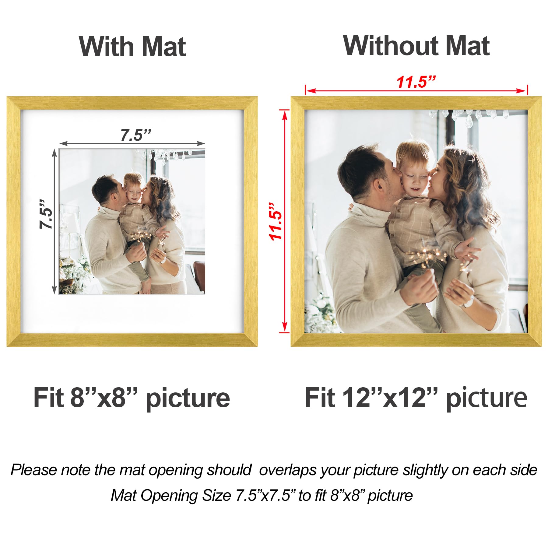 Yaetm Gold 12x12 Picture Frames Set of 4, Square Photo Frame Displays 8x8 with Mat or 12x12 without Mat, Gallery Wall Frame Set for Wall Mounting (4 pack, Gold)