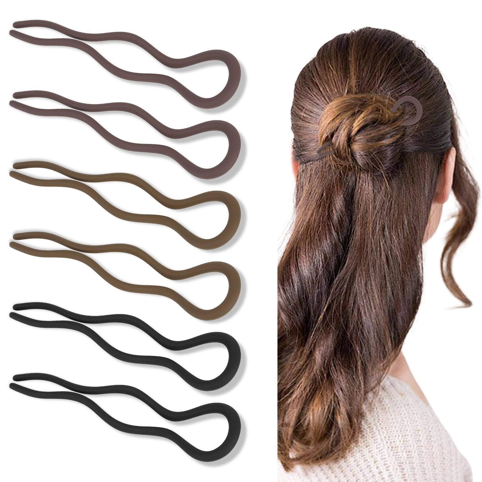 ANBALA French Hair Pins U-Shaped Wavy Design, Matte Finish Plastic Updo Pins for Women, French Twist Bun Clips for Fine/Thick Hair, 6 Pack