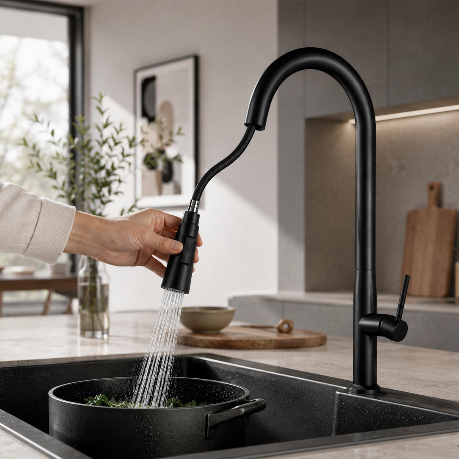 Grifo de Cocina Extraíble, Caño Alto, Giro 360°, Doble Chorro, Acero Inoxidable 304