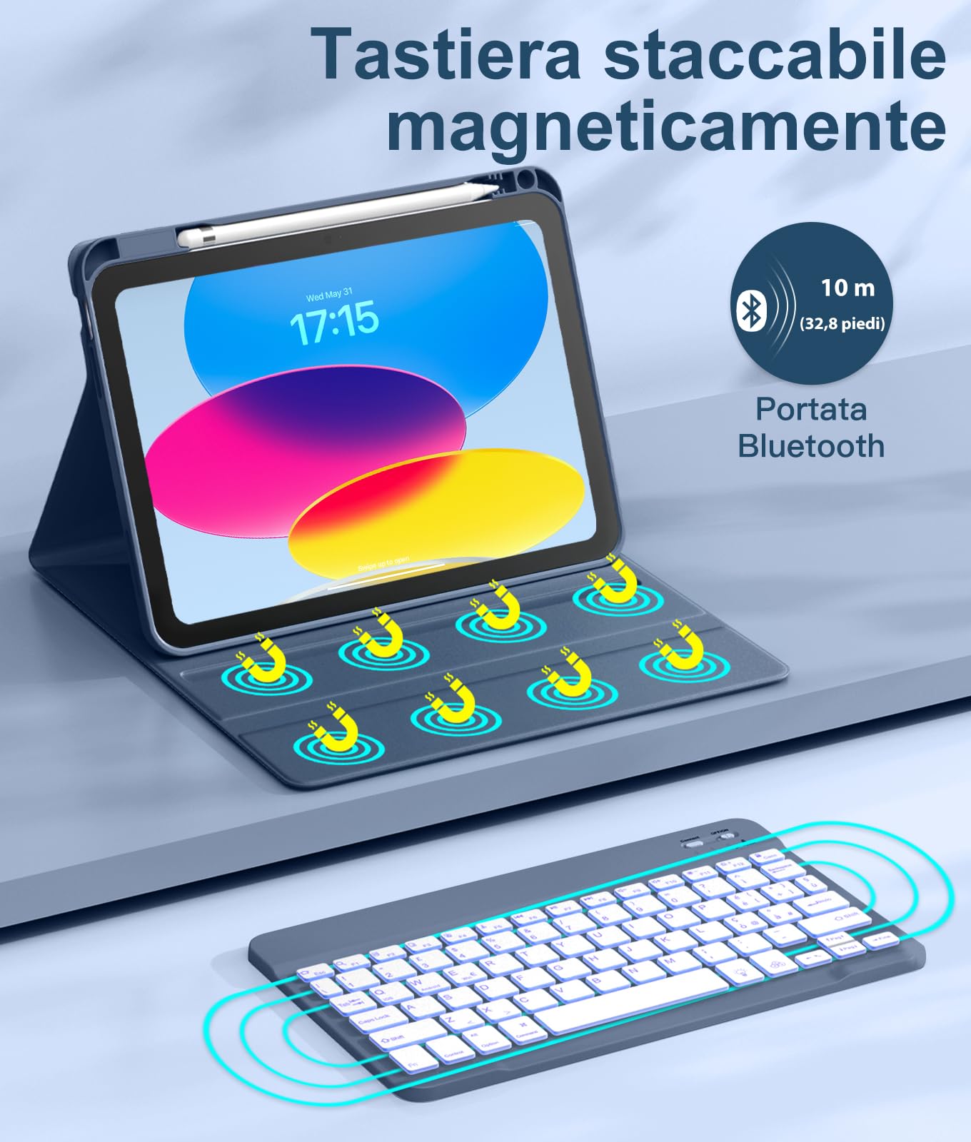 Vobafe Cover iPad A16 11 10 Generazione con Tastiera (11/10.9 Pollici, 2025/2022), Italiano QWERTY con 7 Colori Illuminato, Senza Fili Staccabile Custodia Tastiera con Portapenna, BluGrigio