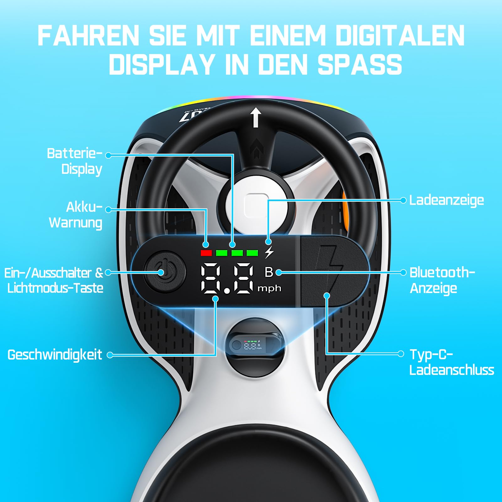 FanttikRide N7 Ultra Elektrisches Wackelauto mit wiederaufladbarem Typ-C-Akku, Ultraleise, 2 Geschwindigkeiten bis maximal 6 km/h, 9 Farbmodi, Digitalanzeige, für Kinder ab 3 Jahren, Pinguin Schwarz
