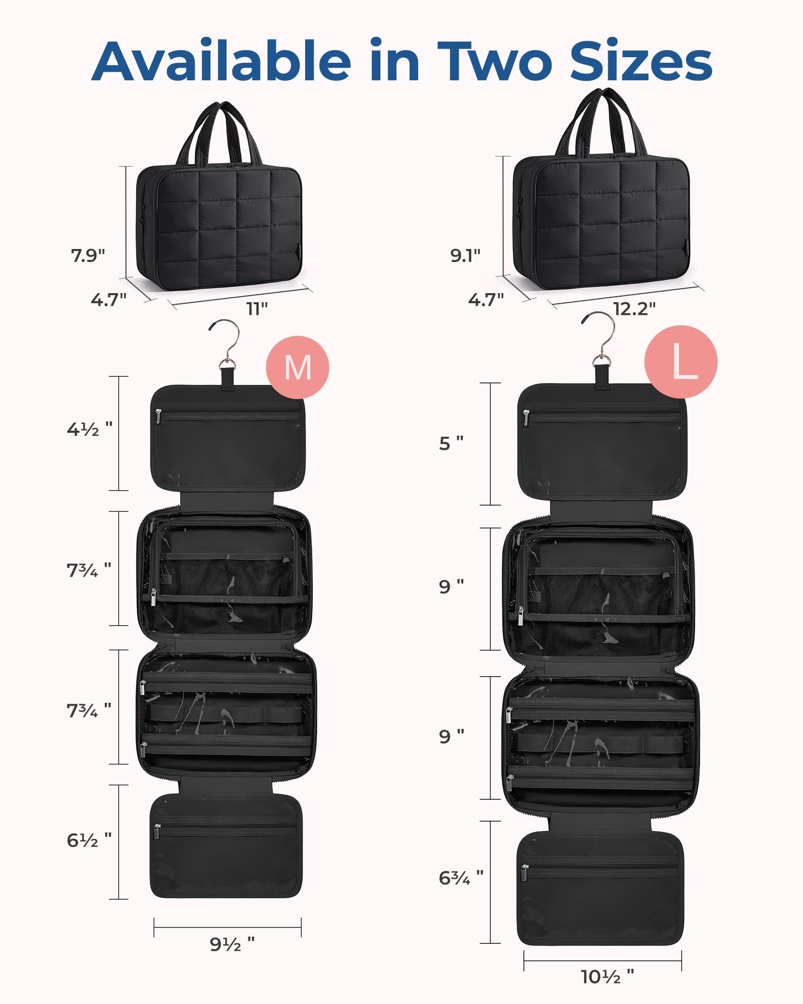 BAGSMART Hanging Toiletry Bag with Jewellery Compartment, Travel Bag for Toiletries, Puffy Makeup Cosmetic Organiser, Carry-on Travel Accessories Essentials, Black-L — view 6