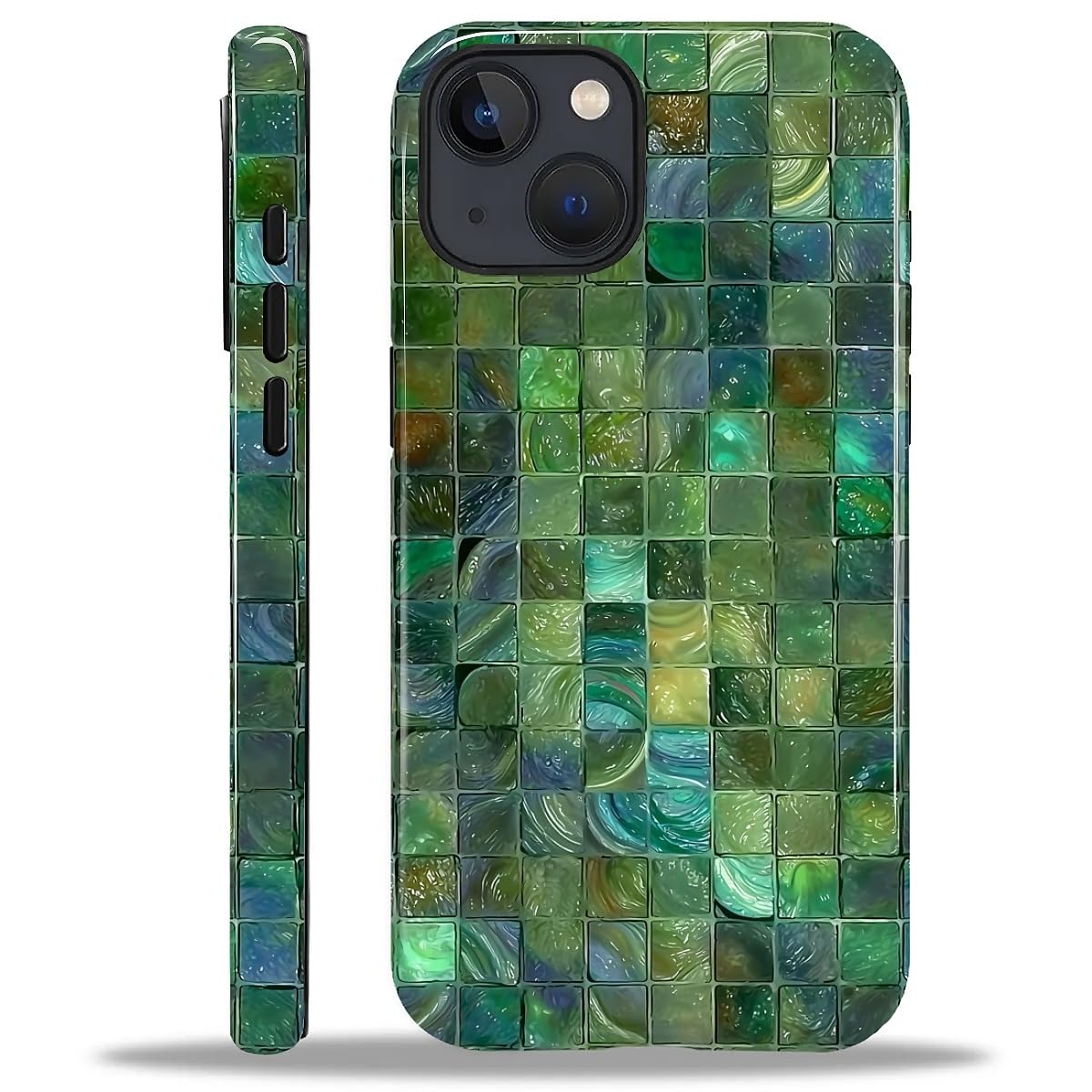Photo 1 of Kapadiy Case for iPhone 15 Case,Green Toned Glass Mosaic Patten Design - Hybrid Dual Protection Silicone + Hard PC Shockproof Full Body Cover Slim Anti-Scratch Protective Case for Men Women