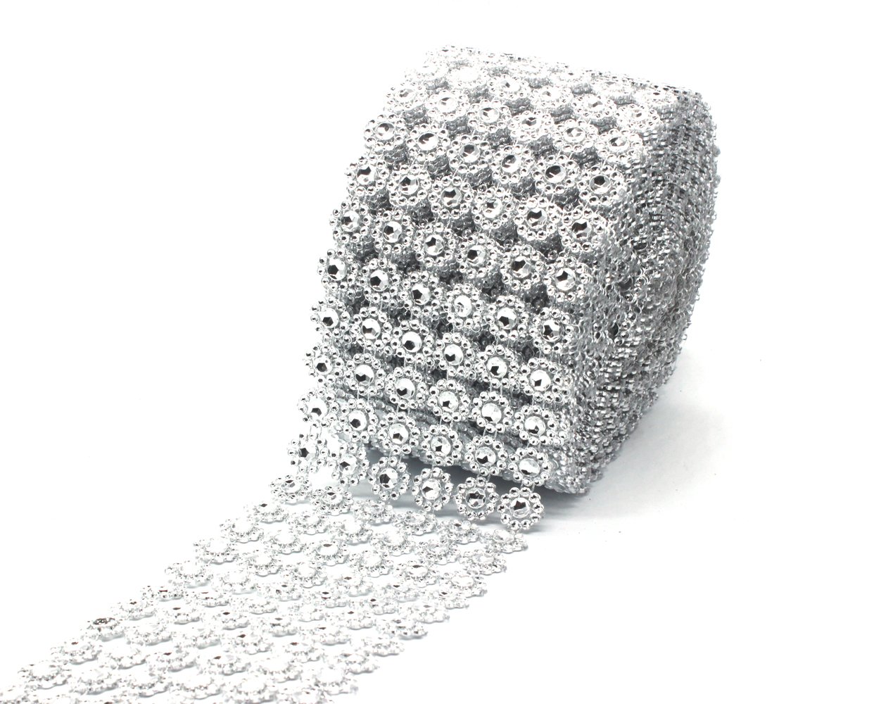 6 Rows Silver Flower Diamond Rhinestone Ribbon Wrap Roll for Event Decorations, Wedding Cake, Arts & Crafts Vase & Party Decorations