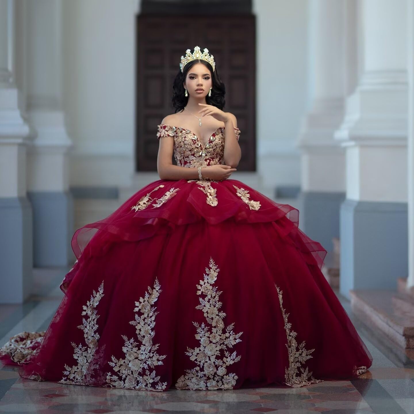 XYAYE Off Shoulder Quinceanera Dresses Luxury Tiered Tulle Sweet 15 16 Dresses with Train Sparkly Gold Lace Beaded Ball Gown