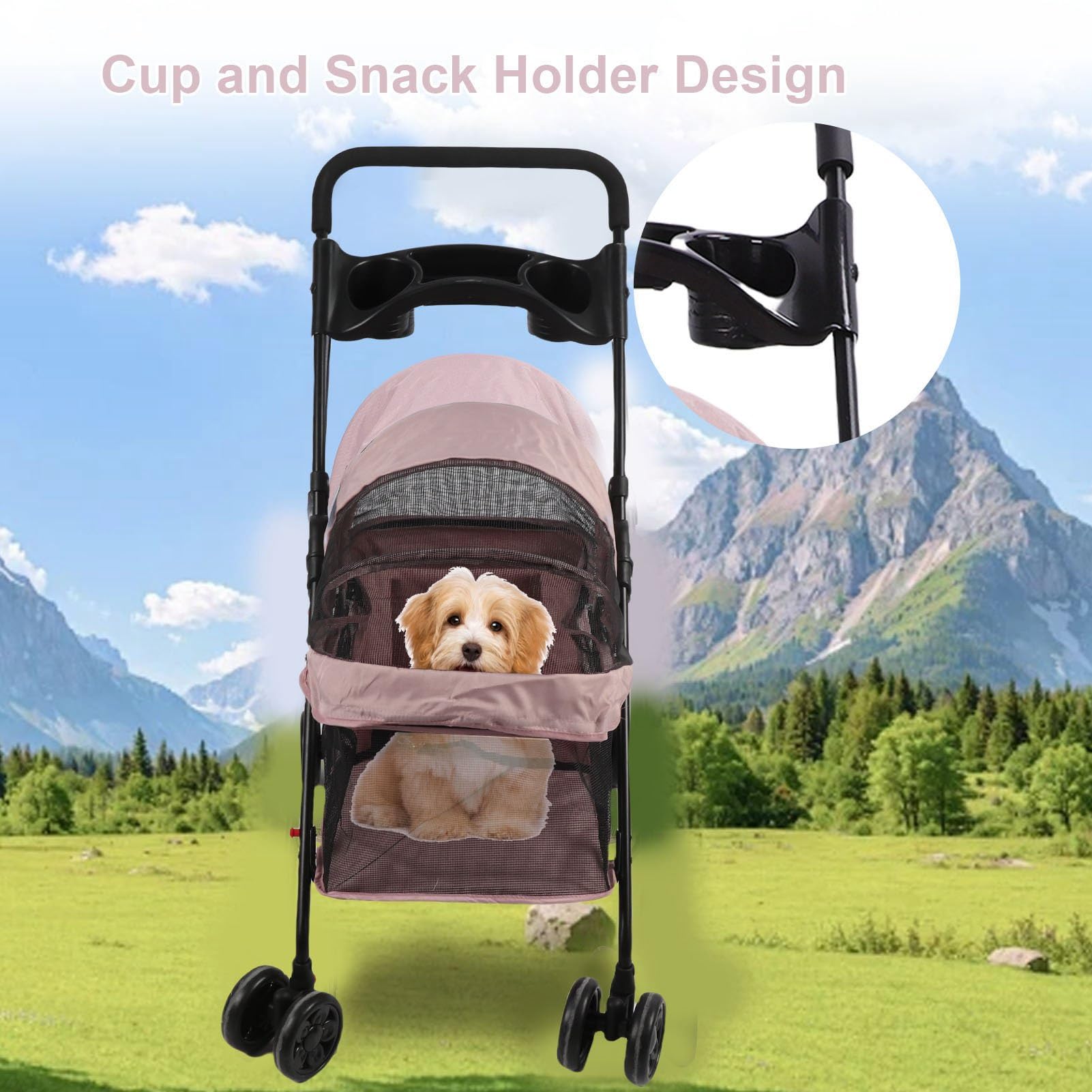Carrito para Perros de 4 Ruedas, Joggador Plegable con Cubierta Solar, Portavasos, Almohadilla y Bolsa Trasera, Malla Transpirable