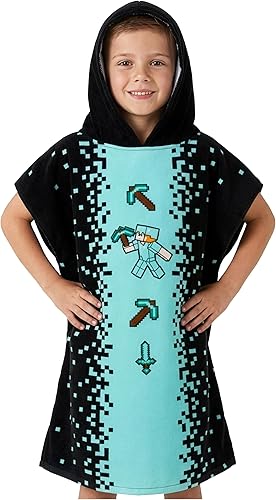 Minecraft Towelling Poncho Kids Teens Hooded Bath Towels Absorbent Beach Towel (