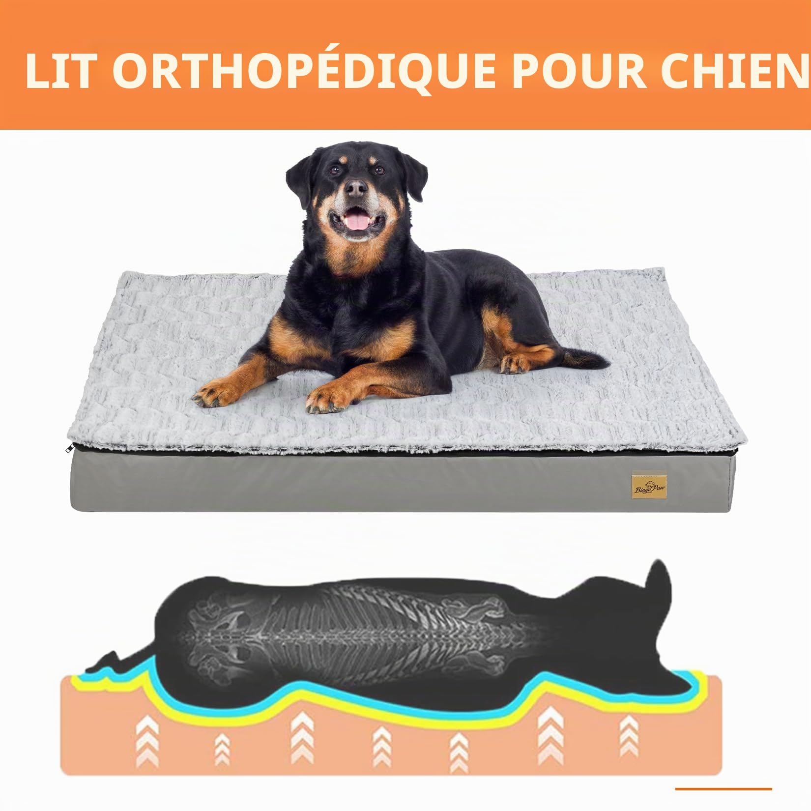 BingoPaw Coussin Grand Chien Déhoussable: Panier pour Chien Orthopédique Grande Taille Tapis pour Chiens Lavable Matelas Imperméable en Mousse Haute Résilience 95x70x8cm