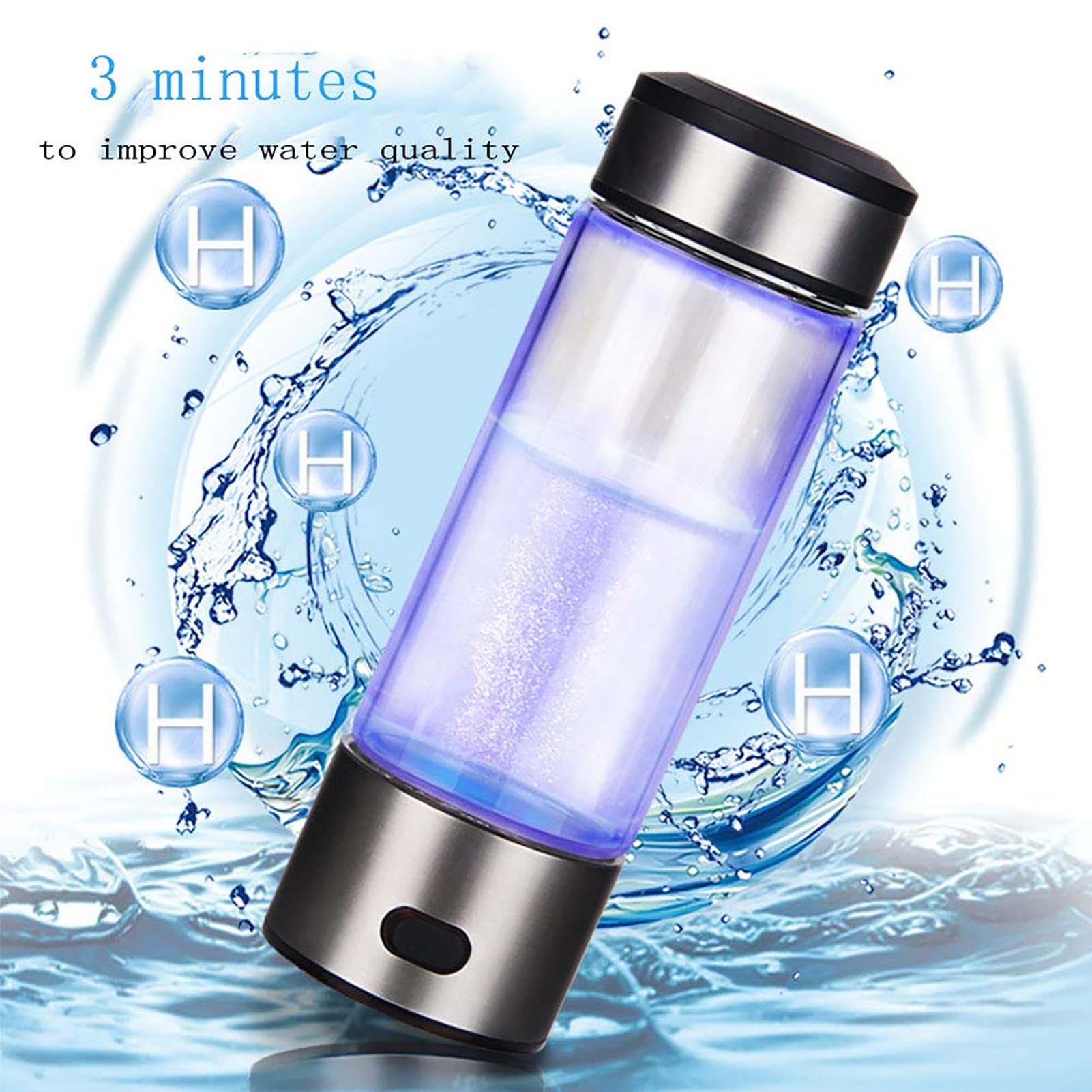 Generador Agua hidrógeno portátil, ionizador, máquina Agua Rica en hidrógeno, Recargable por USB, Modo Dual, 1 Minuto y 3 Minutos, Botella Vidrio Alta concentración Agua hidrógeno, 480 ml