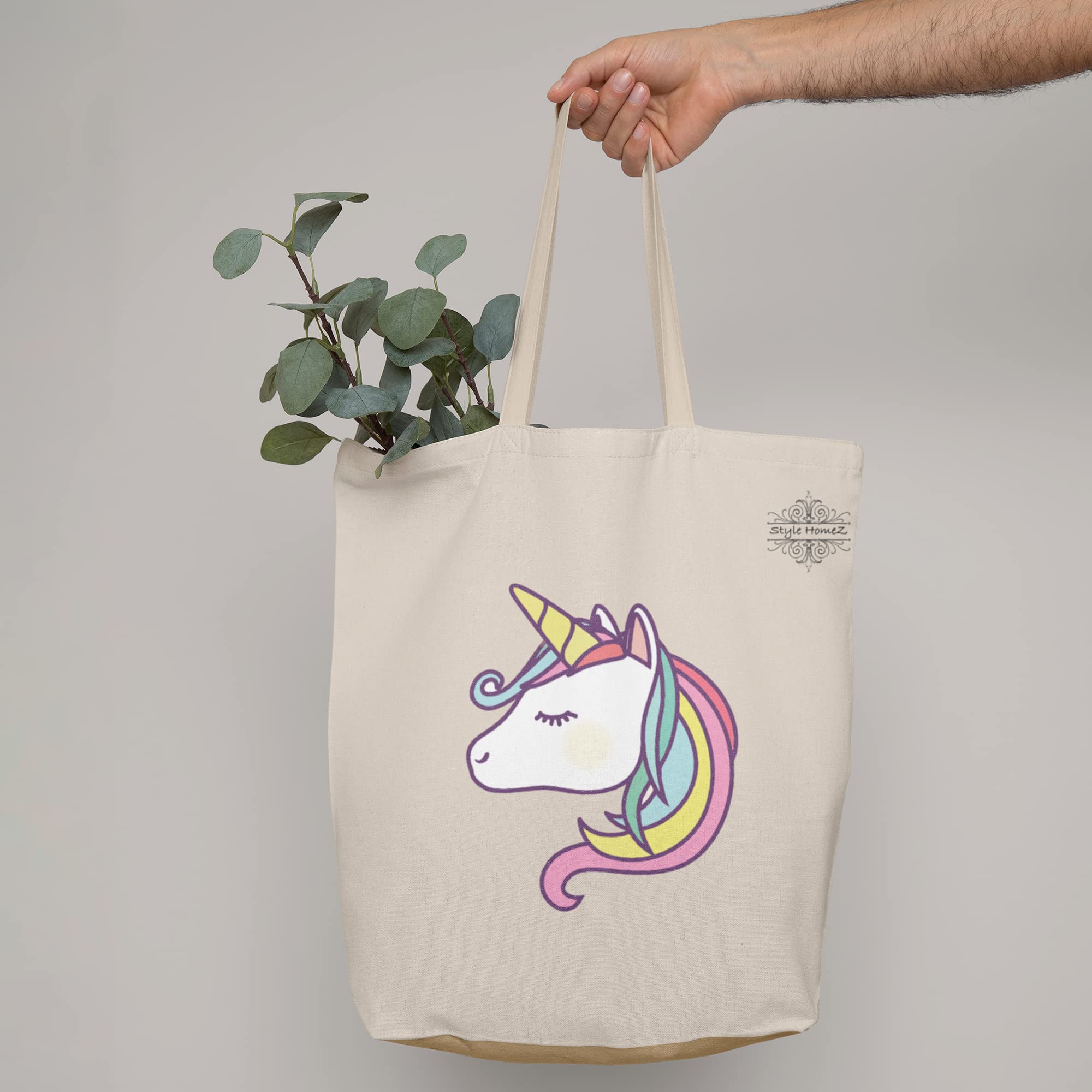 ALFANSO Classic Eco-Friendly & Reusable Cotton Canvas Grocery Tote Bag, Medium Size 16 x 14 Inch Natural Color (UNICORN) 3