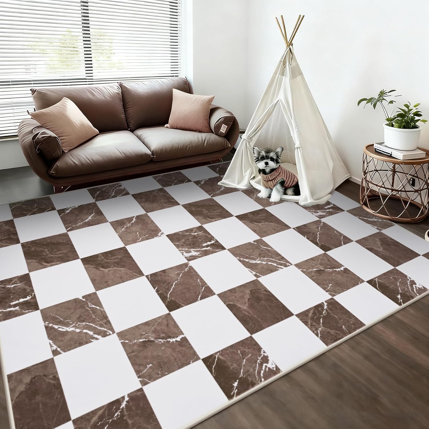 Yinhua 5x7 Area Rugs for Living Room, Neutral Washable Checkered Rugs for Bedroom, Modern Classic Geometric Area Rug Soft Non Slip Large Throw Carpet Brown Marble Rug for Nursery Kids Room Playroom