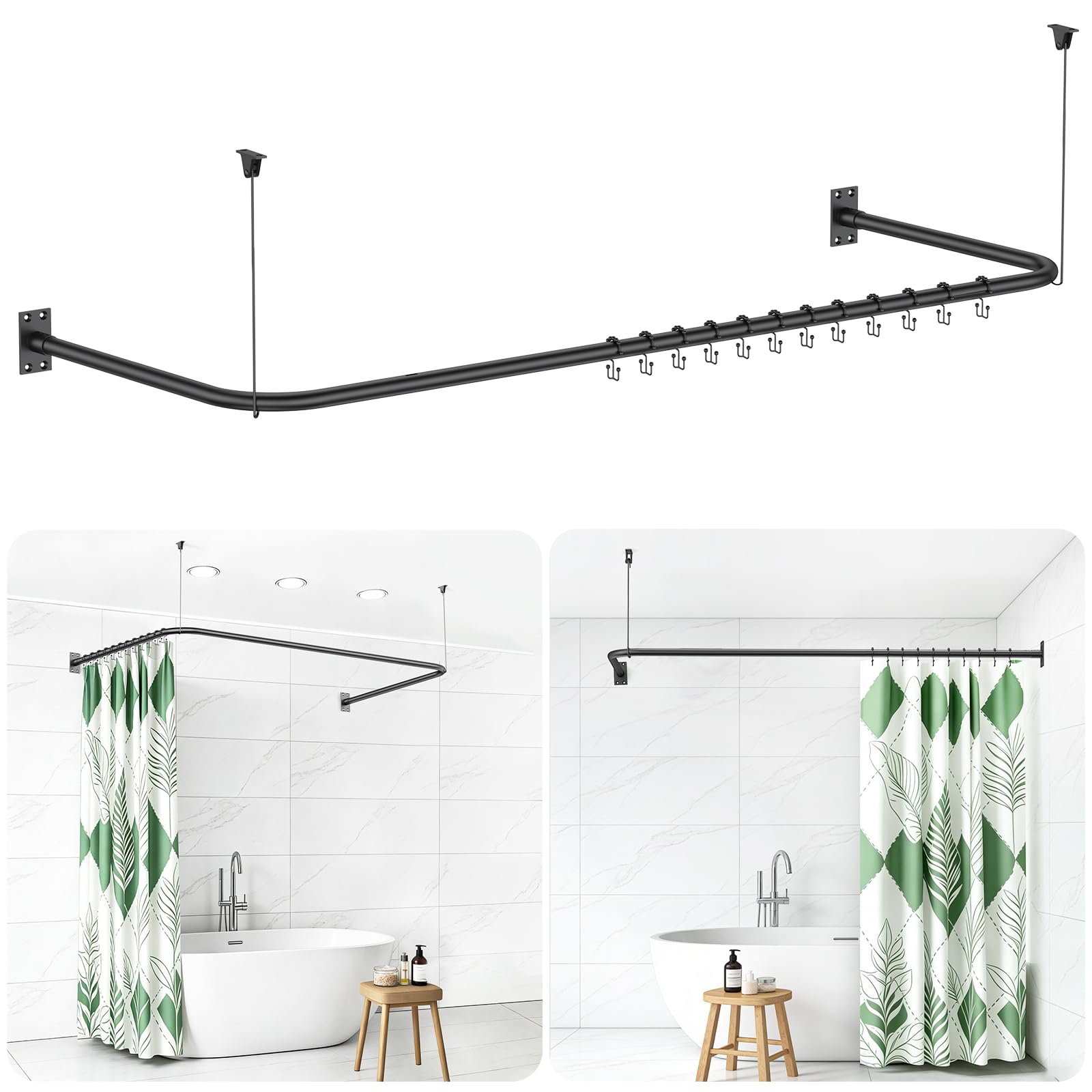 Tringle à rideau de douche en forme U/L [75-78x150-190x75-78] cm, noir | Tringle de douche réglable pour baignoires/douche, barre d'angle inoxydable, avec 20 anneaux de rideau