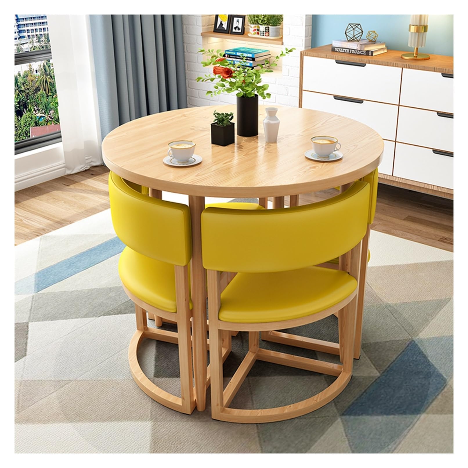 Modern Round Dining Table and Chair Set for Small Spaces Yellow 80cm,Yellow-80 * 80cm