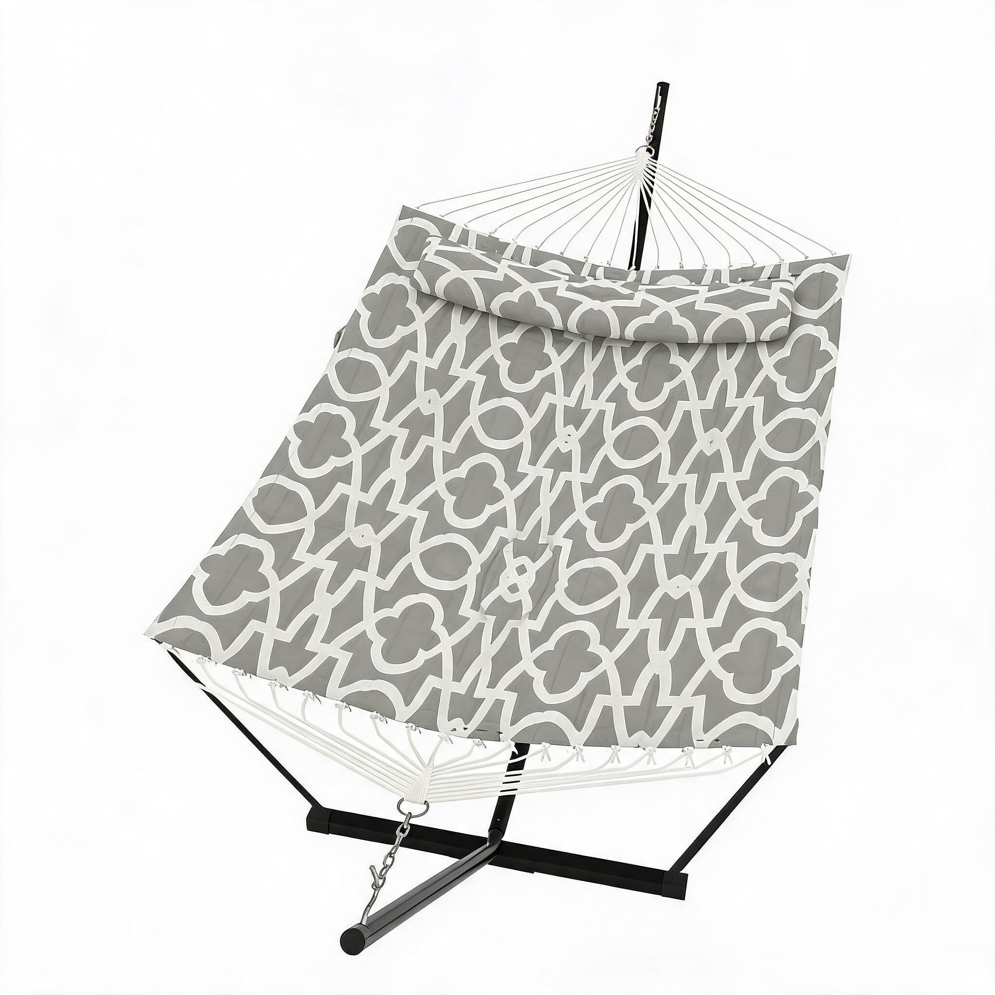 Hamac sur Pied avec Support T et Barres Incurvées en Fer - Hamac Matelassé Plat Gris Clair 365cm, Support Acier Solide 200kg, 2 Places, Jardin Balcon Terrasse Extérieur