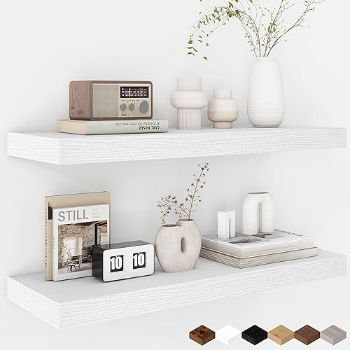 Miniatura 49 de Fun Memories Estantes flotantes de 16 pulgadas – Estantes de pared de madera de color blanco rústico profundo – Estante de almacenamiento para pared