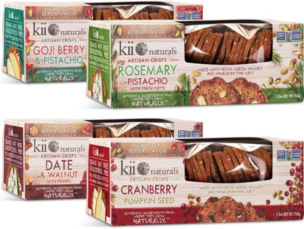 Kii Naturals Artisan Crisps - All 4 Flavors VARIETY PACK • 5.3oz (4 Pack) • {Professionally Packed/Packaged for Shipping} • [Chips|Crackers|Spread|Flatbread|Snack|Cheese|Dips|Tea|Wine|Toast|Bread]