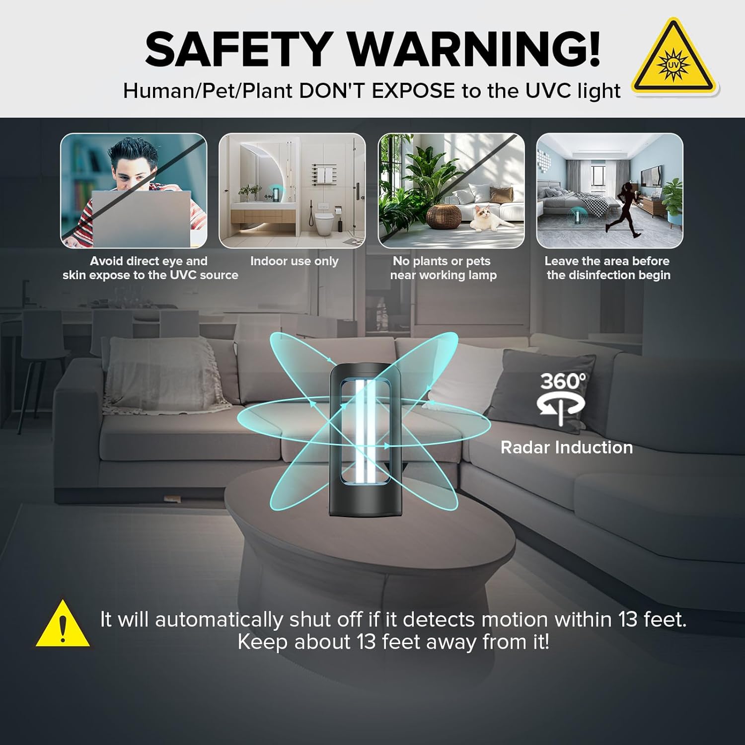 SANSI 42W UV Light Sanitizer with Remote Control Timer, 99.9% UVC Lamp 254nm Wavelength, Portable Ultraviolet Light for Bedroom Hotel Kitchen Bathroom Cleaning- Ozone Free