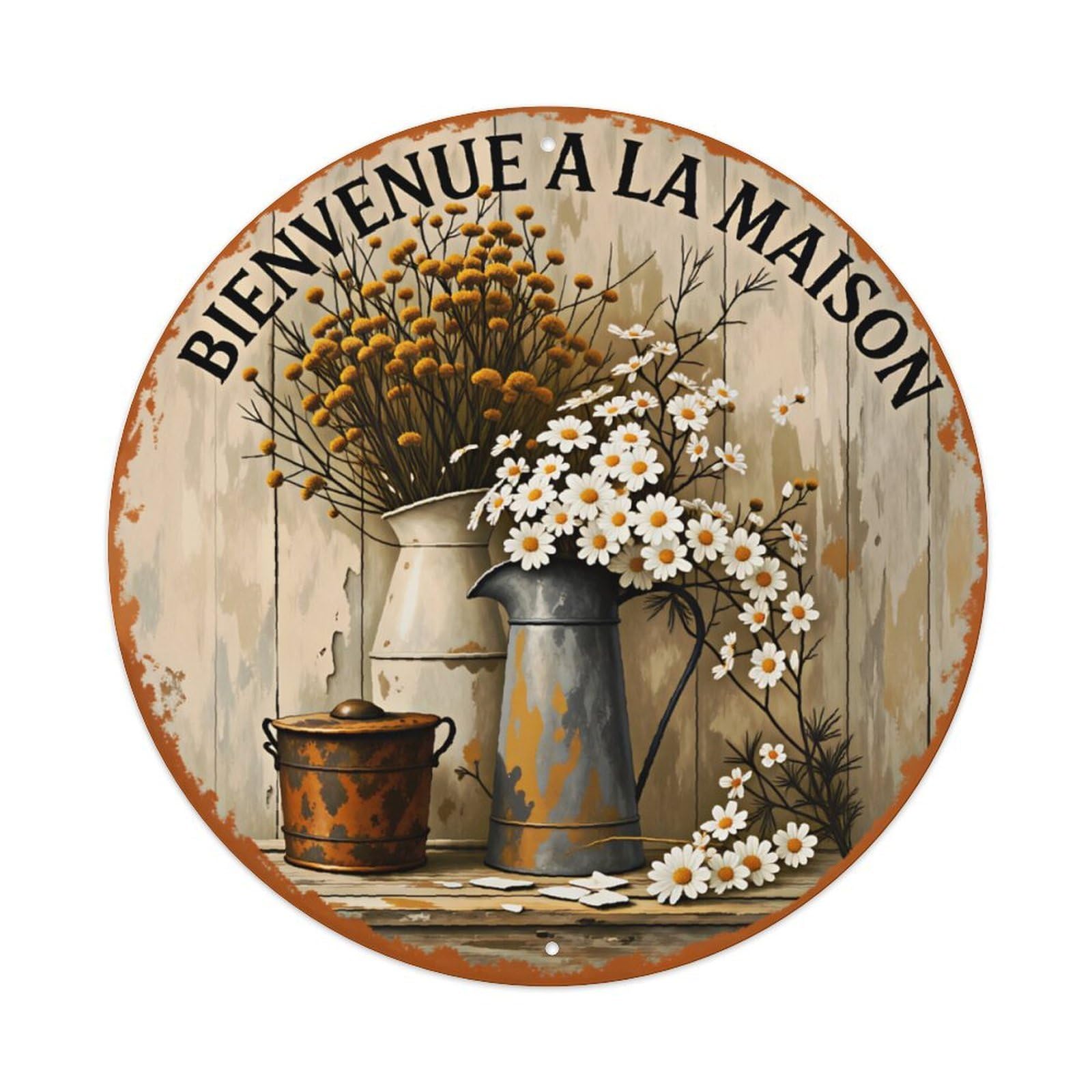 Round French Welcome Daisy Vase Retro Wall Sign Home Farm Decor Vintage Aluminium Metal Sign, Retro Wall Decor for Home, Bar, Garage & Farmhouse 20x20cm