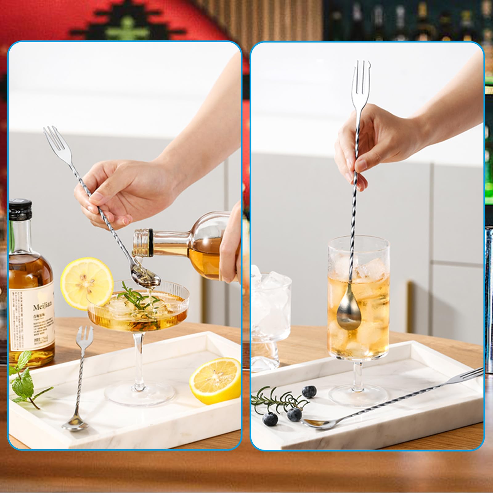 Jigger de cóctel para bartending, 1oz y 2oz plata acero inoxidable doble jigger,Bar Jigger con 0.25 oz, 0.5 oz, 0.75 oz y 1.5 oz marcas de medición interiores, Jigger de medición de cóctel con cuchara 8