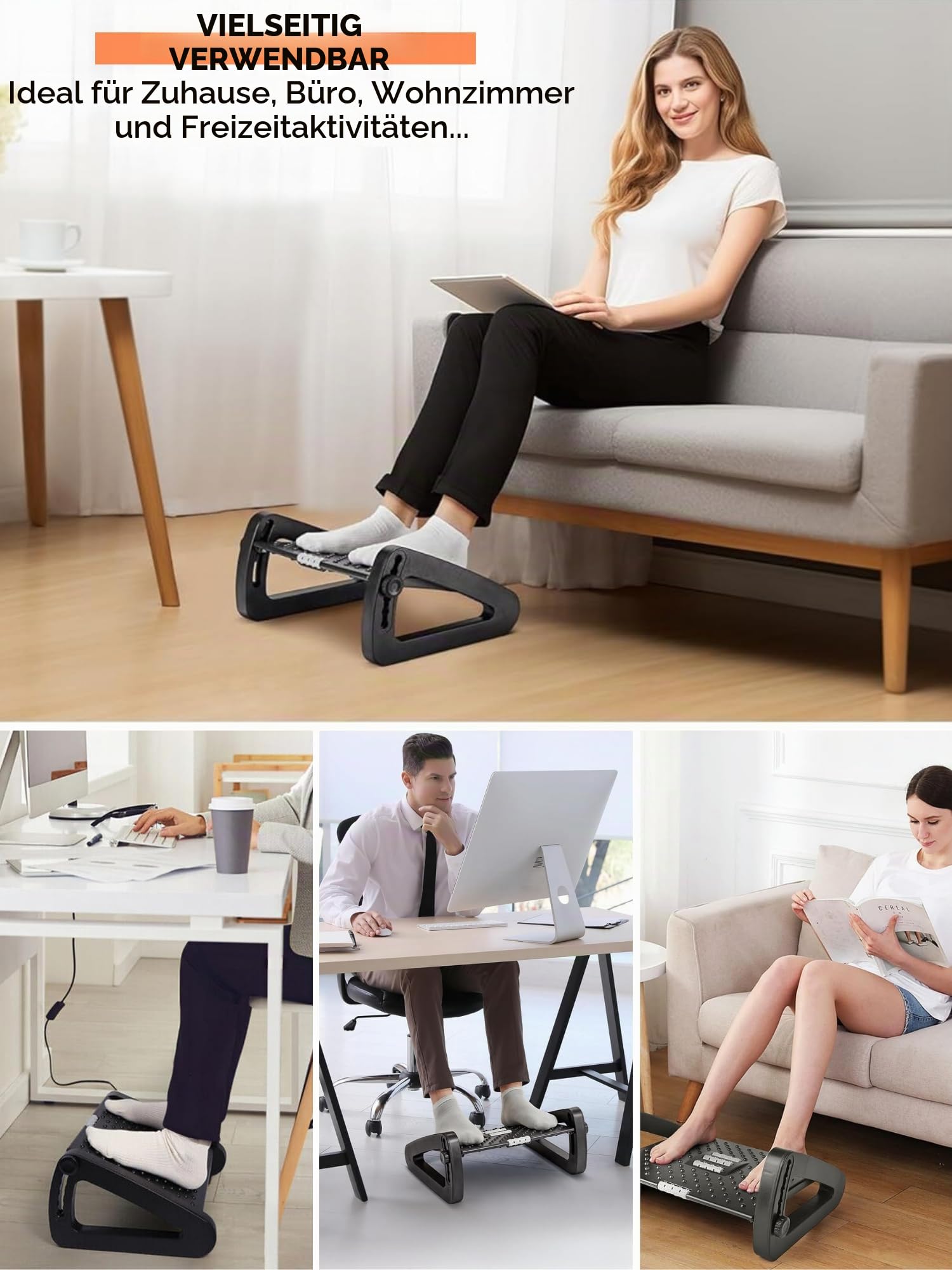 Fußstütze Unter Schreibtisch, Ergonomische Fußbank fürs Büro, Rutschfest, Verstellbare Fußbänkchen mit Massagefunktion, Verbessert die Körperhaltung und die Durchblutung, Ideal für Arbeit und Zuhause