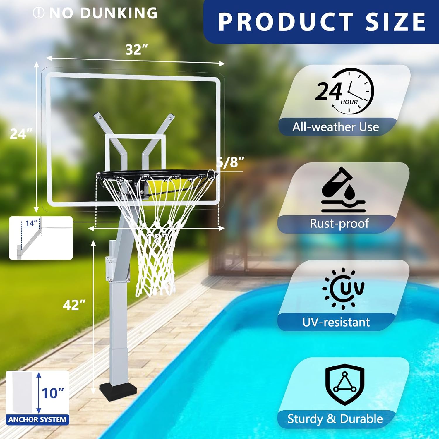 PROGOAL Deck Mounted Pool Basketball Hoop - Surface Mount Basketball Goal for Pool Deck with Adjustable Height 20 to 42 Inches - Rust Proof Aluminum Frame with Acrylic Backboard & 18 Inch Aluminum Rim