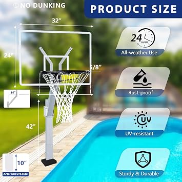 Premium Pool Basketball Hoop In-Ground Adjustable Rustproof Aluminum Alloy System with Clear Acrylic Backboard & 18 Vinyl-Coated Aluminum Rim