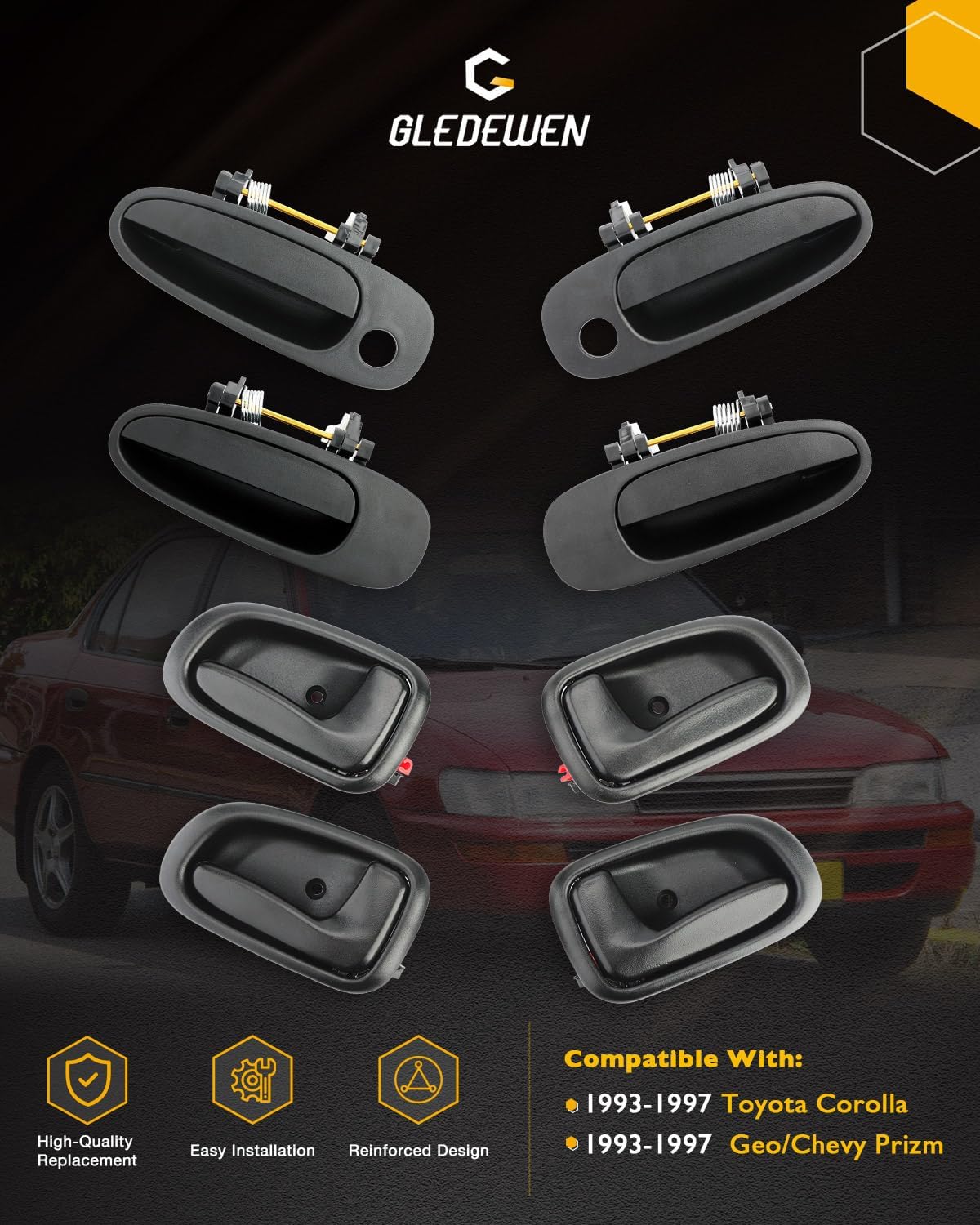 Door Handle Set, Compatible With 1993-1997 Toyota Corolla, Geo/Chevy Prizm | Interior & Exterior Front & Rear Left Driver & Right Passenger Side | Replaces# 6922012160 69210-12160 77462 77464 (8 PCS)
