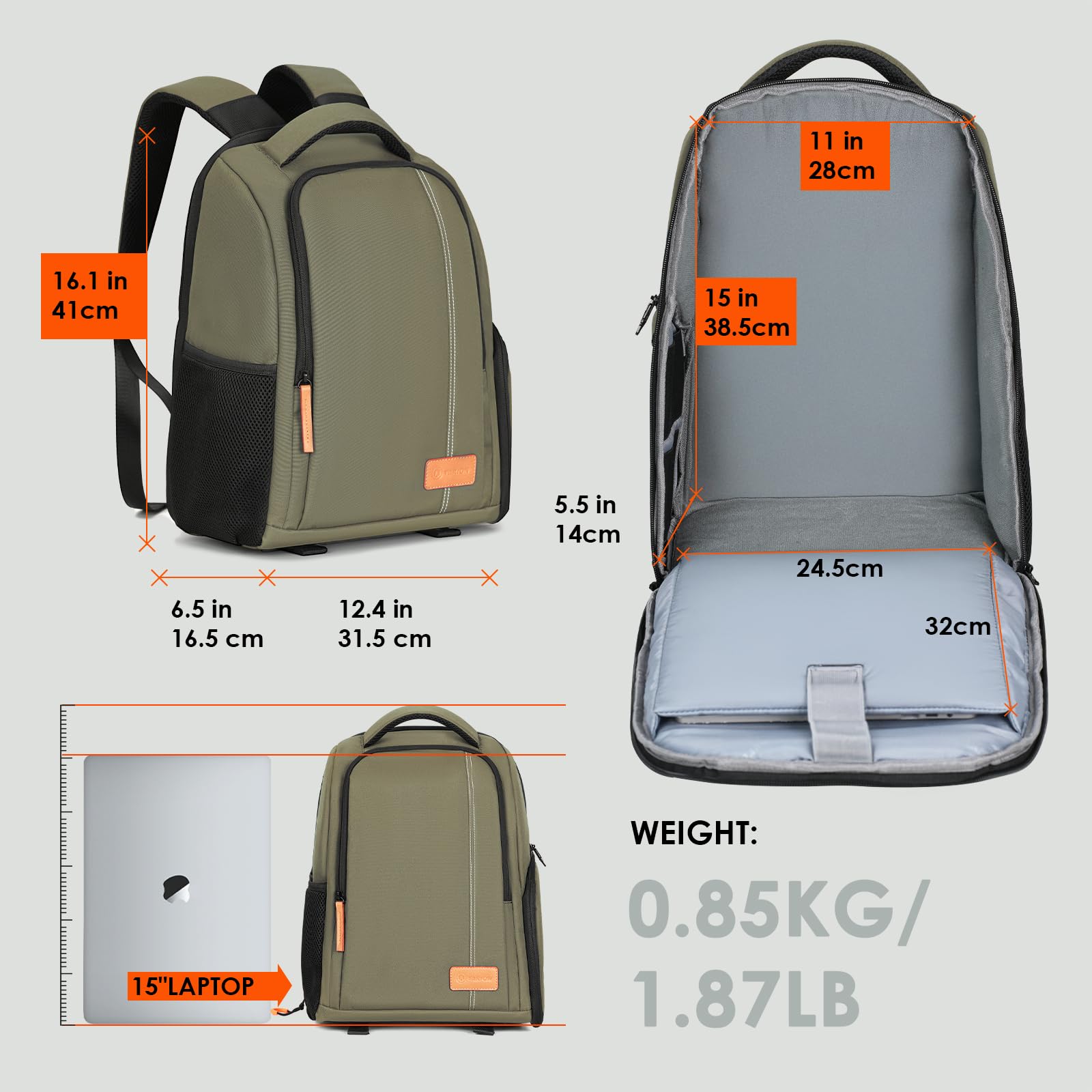 TARION Mochila impermeable para cámara de cámara de gran capacidad con compartimento para portátil de 15 pulgadas, cubierta para lluvia, para mujeres, hombres, fotógrafo, lente trípode, color verde