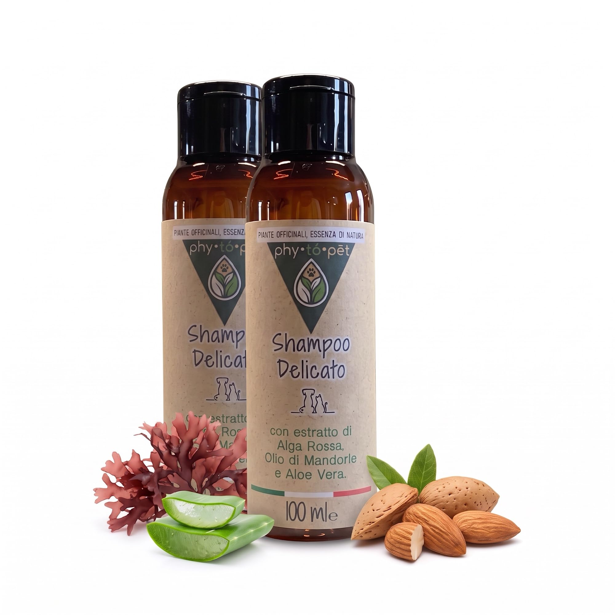 Phy to Pet Shampoo Delicato Pelle Sensibile Cani e Gatti 200 ml (2×100 ml) | Aloe vera, alga rossa e mandorle, per cuccioli e pelo chiaro, pelo morbido e lucente, scorta per più lavaggi