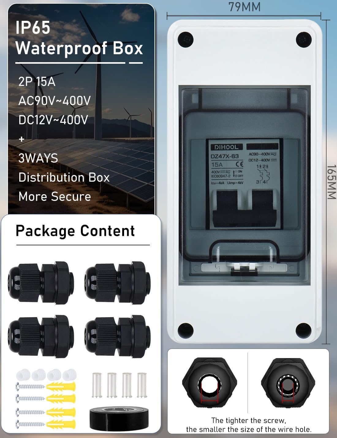 DIHOOL AC DC Circuit Breaker with IP65 Din Box for Solar Systems, 15 Amp 2 Pole 12V-400V, Non Polarized, Solar Panel Disconnect Switch, PV Array Shut Off Isolator - Image 4