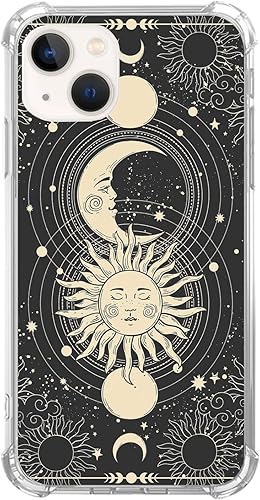 Funda negra con diseño celestial de sol, luna y estrella para iPhone 13, diseño de estrella y sol para niñas, mujeres, niños, hombres, bonita funda
