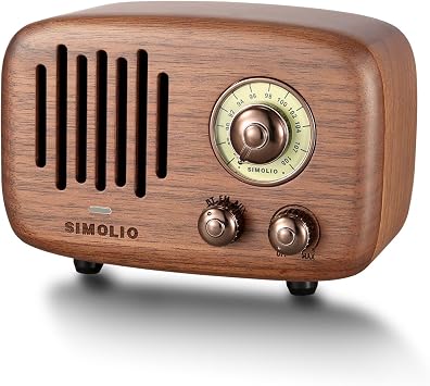 SIMOLIO Retro Bluetooth Speakers with Loud HD Sound, Nature Black Walnut Vintage Style Wooden Speaker with FM Radio & AUX in, Advanced CSR Chip, Portable Bluetooth Speaker for Home Office Decorations
