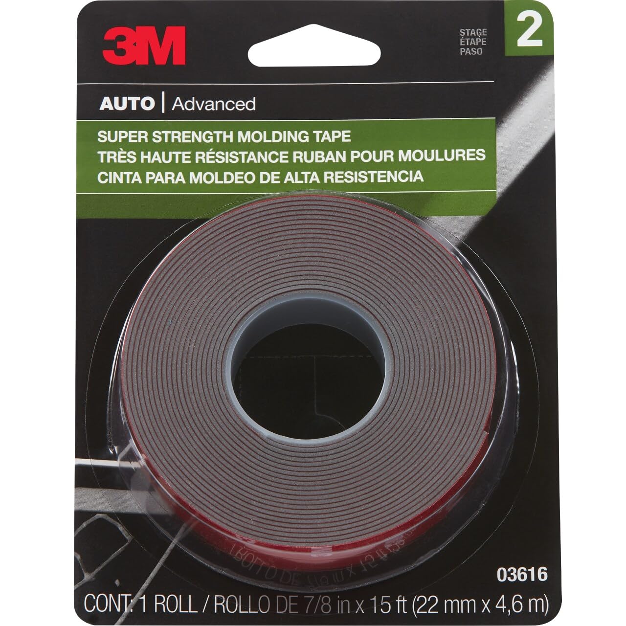 3M Super Strength Molding Tape 03616, 7/8 in x 15 ft Each, Double-Sided Automotive Mounting Tape, Heavy Duty Weatherproof Adhesive for Trim, Moldings, Emblems (24 Rolls, Bulk Case)