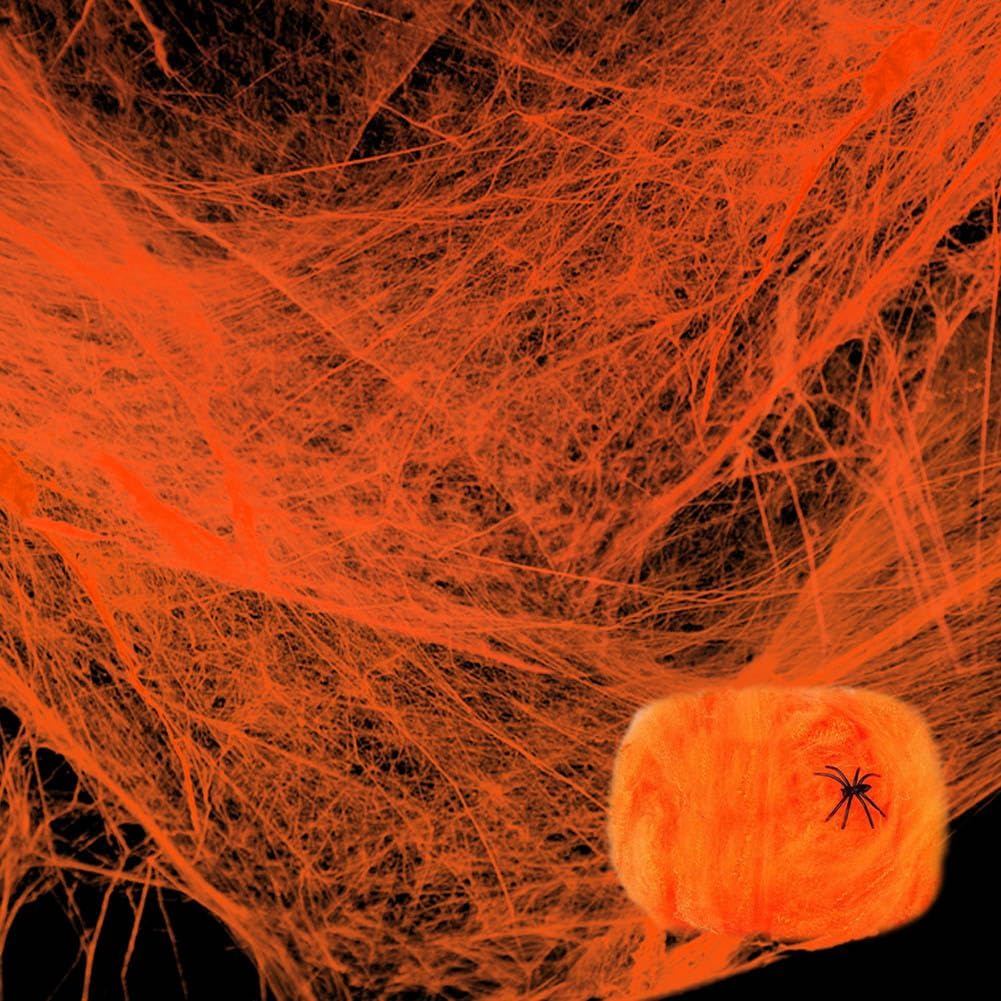 800 sqft Halloween Glow Spider Webs Indoor & Outdoor Spooky Spider Webbing with 37 Fake Spiders for Halloween Decorations, Orange with Blacklight Lamp