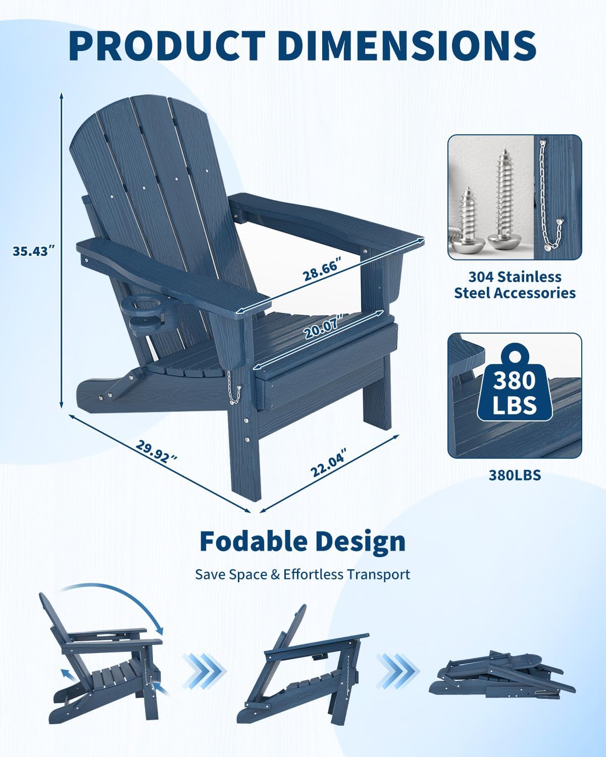 Garvee Folding Adirondack Chair Set of 2, HDPE Outdoor Patio Chair with Cup Holder, All Weather Resistent Wooden Textured for patios, Decks, Gardens, fire Pit, Navy Blue