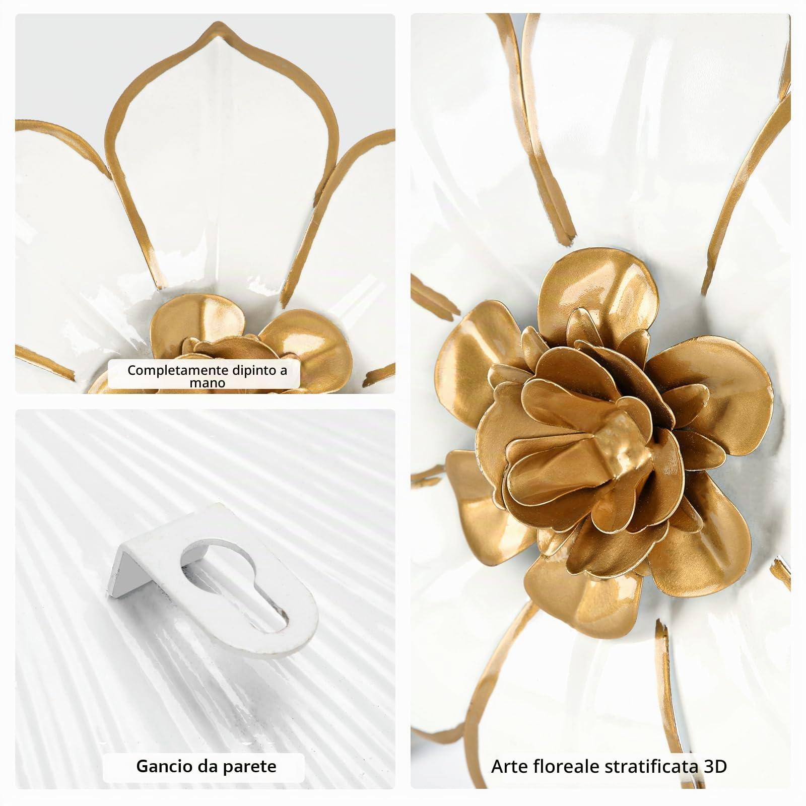 Arborus 3 pezzi da 24,9 cm in metallo oro bianco arte da parete 3D moderna decorazione da parete fiori opere d'arte in metallo per camera da letto soggiorno decorazione da parete domestica