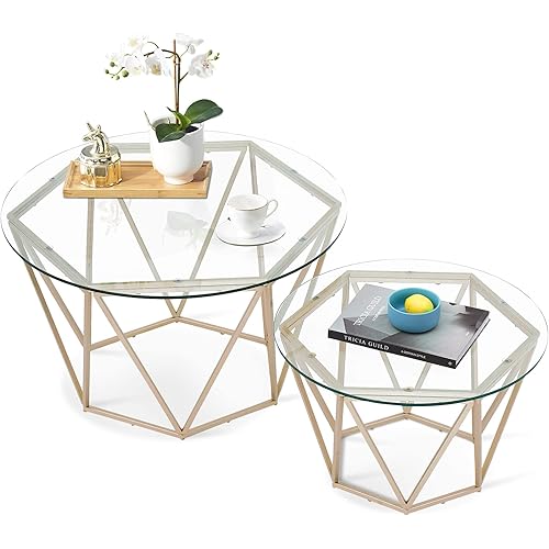 Ivinta Round Nesting Coffee Table Set of 2, Modern Tempered Glass Coffee Tables for Living Room, 31.5 and 23.6 inch Accent Tea Tables with Gold Metal Frame Legs (Clear, Glass)