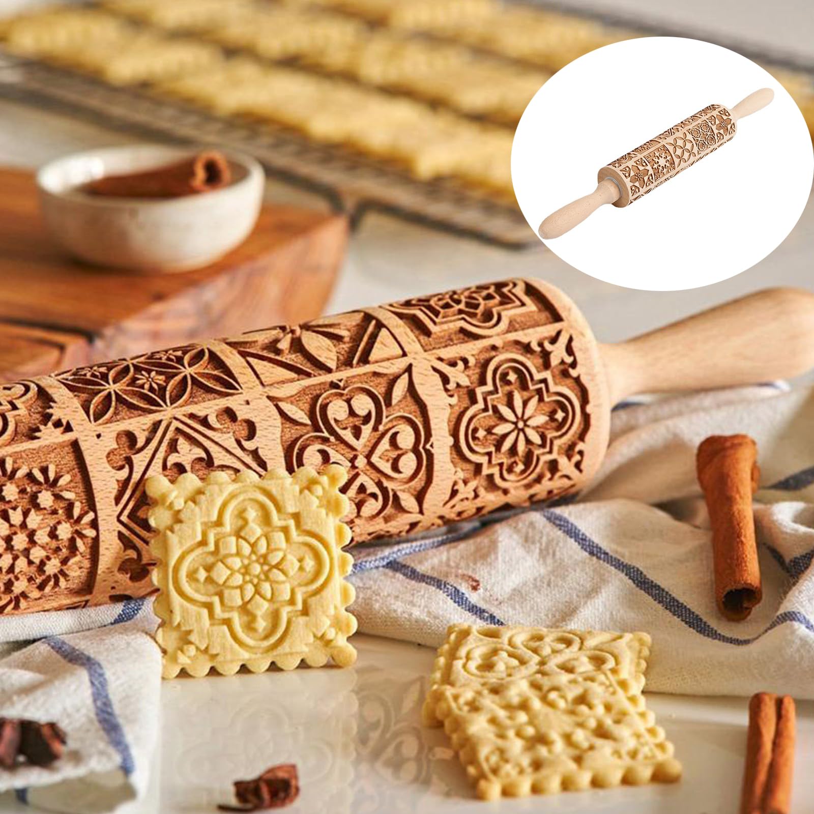 Mattarello In Legno Di Faggio Con Rilievo Floreale A Vite - Per Biscotti E Argilla, Include Stampino E Ricette