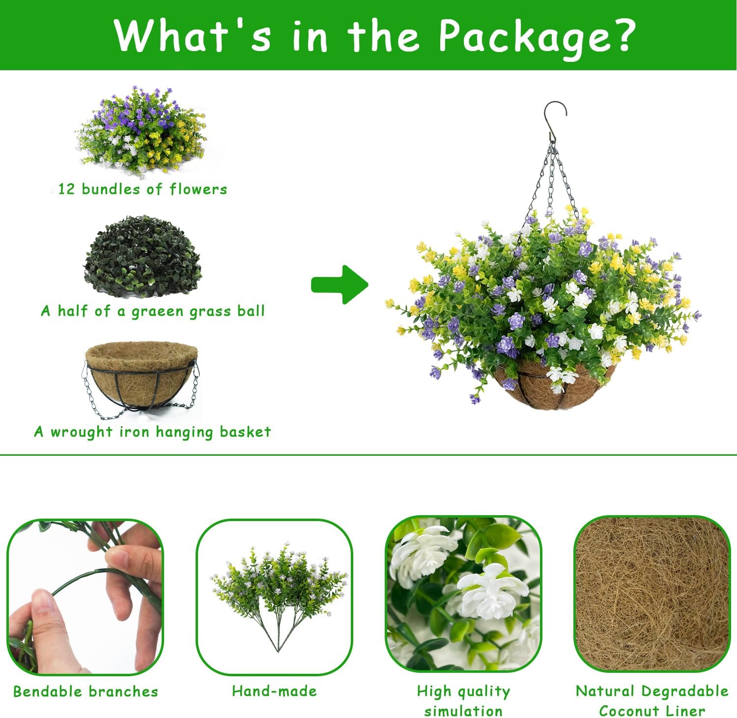 Artificial Hanging Flowers Basket, 12 UV-Resistant Bundles of Realistic Fake Flowers, Faux Plants for Outdoor Decor, Home, Garden, Porch, Patio, Spring & Summer Decorations, Yellow Purple White - Image 2